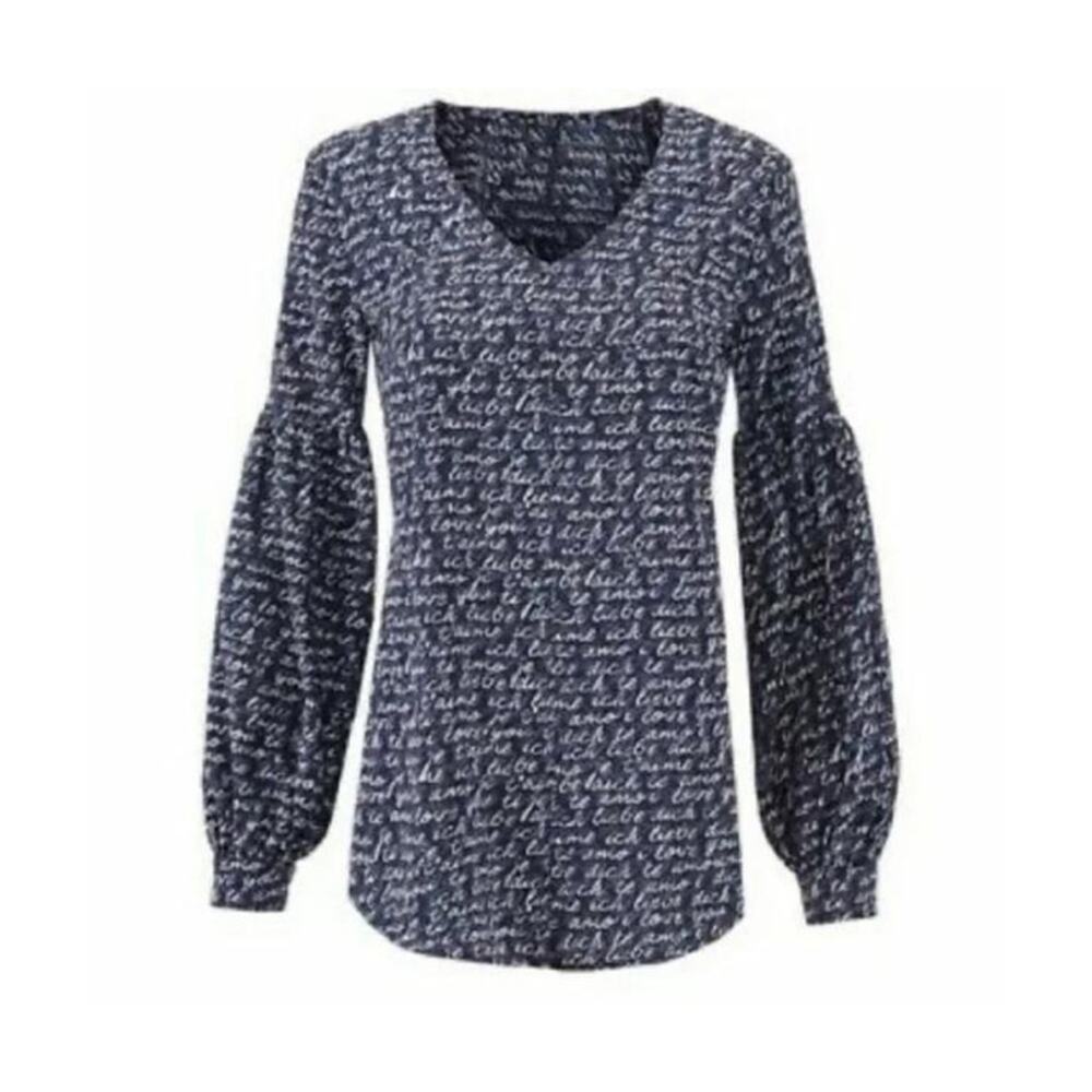 Boho Script Print Balloon Sleeve Navy Blouse Cabi… - image 2